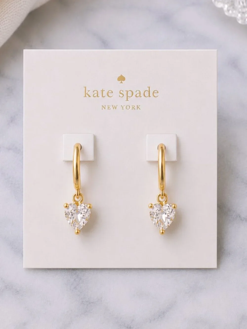Kate Spade Crystal Heart Drop Earrings Gold Hoop Dangle Romantic